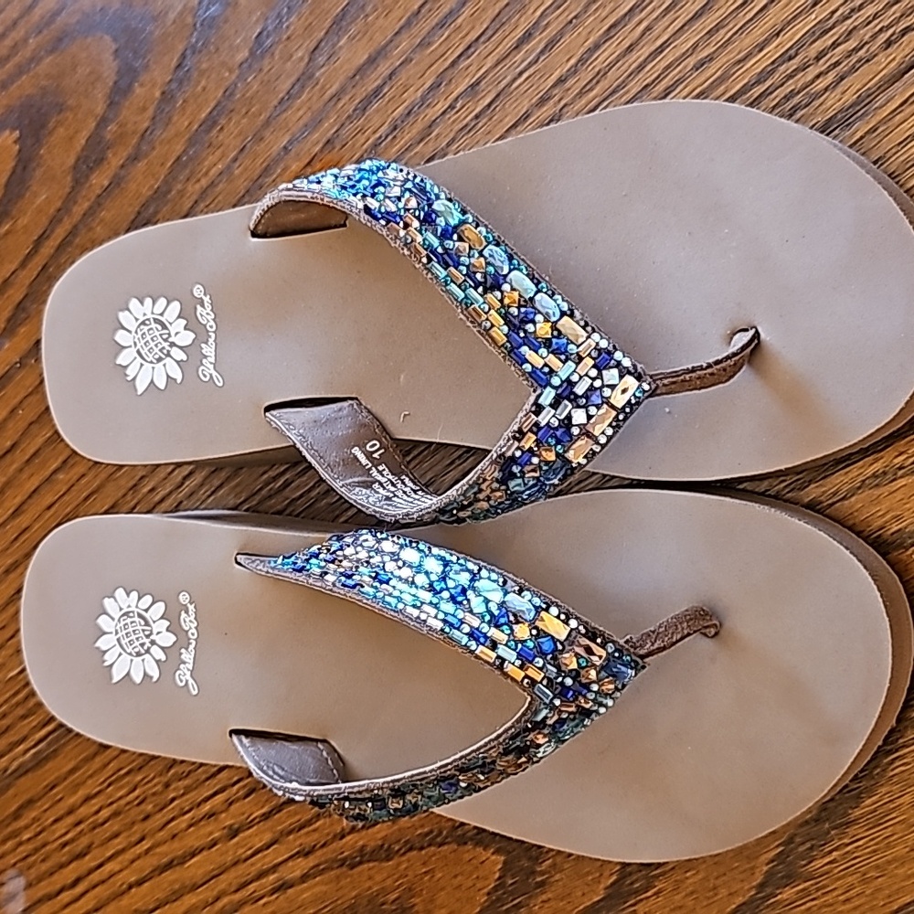 Yellow Box Blue Jeweled Flip Flops